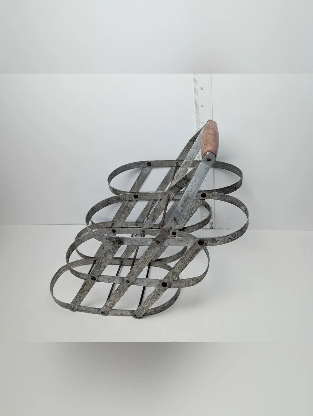 Vintage Authentic French Metal Bottle Carrier Galvanized Metal w Wooden‎ Handle